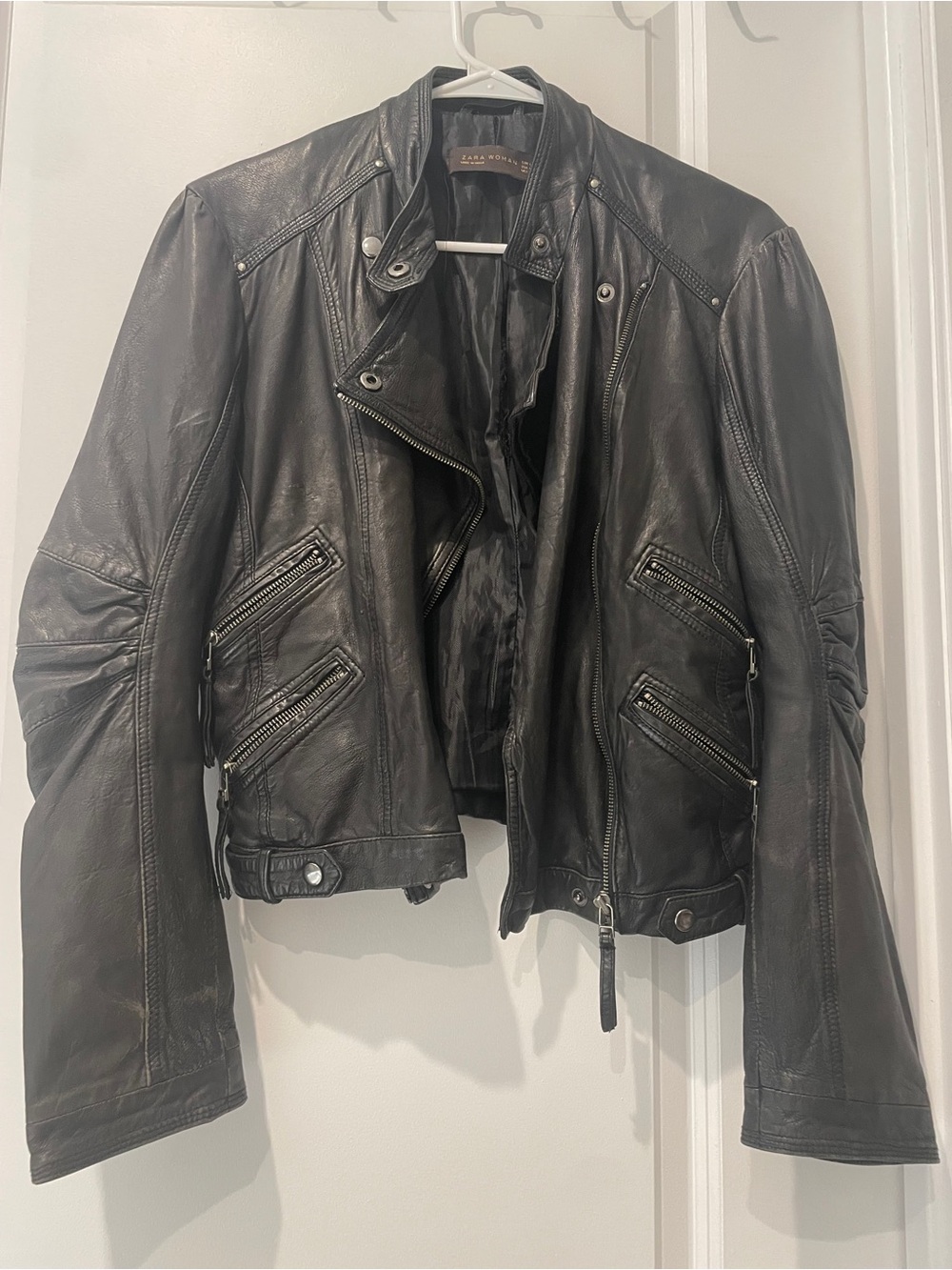 Zara Black Leather Biker Jacket with Zip Pockets